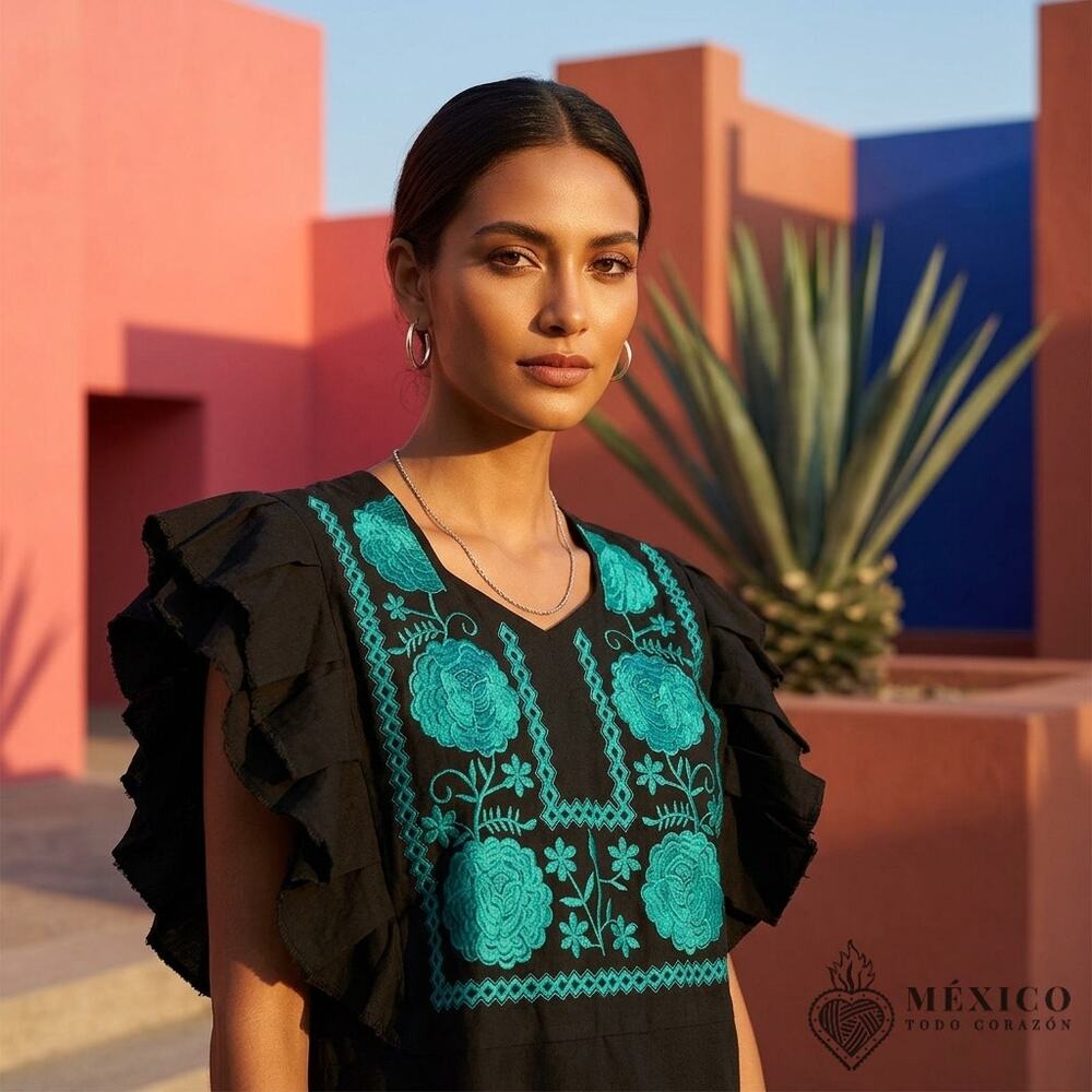 Traditional Mexican Huipil style Blouse –  Embroidered Manta Top S M TURQUOISE